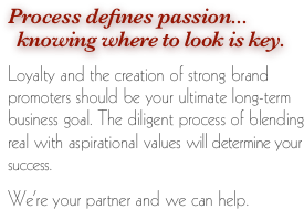 Process defines passion...   knowing where to look is key.

Loyalty and the creation of strong brand promoters should be your ultimate long-term business goal. The diligent process of blending real with aspirational values will determine your success.

We’re your partner and we can help.